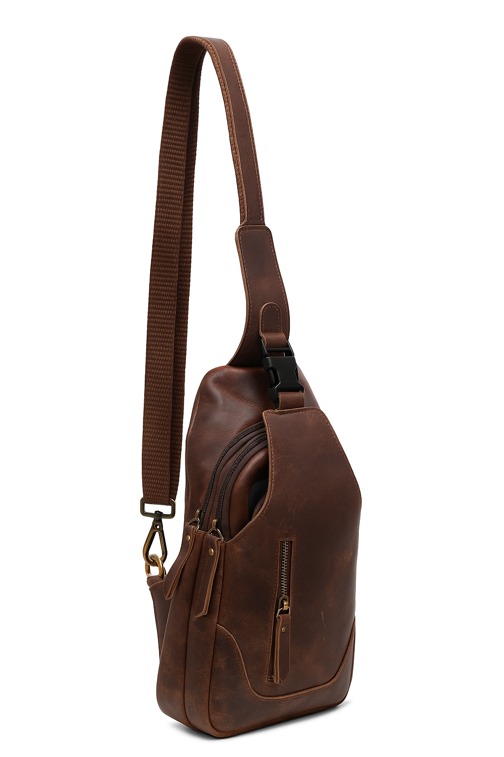Leather Sling Cross Body Travel Bag with Metal Zippers Sling Bag Messenger Bag for Unisex